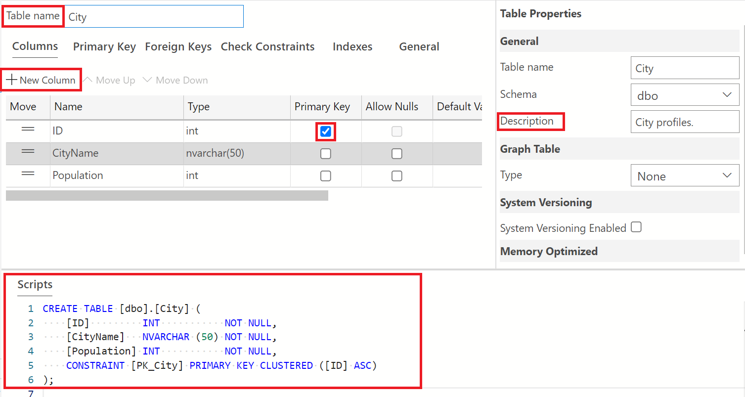 Captura de tela do Designer de Tabela mostrando como editar o nome da tabela e adicionar colunas exibindo o identificador de chave primária. Também mostra o script T-SQL gerado no Designer de Tabela.