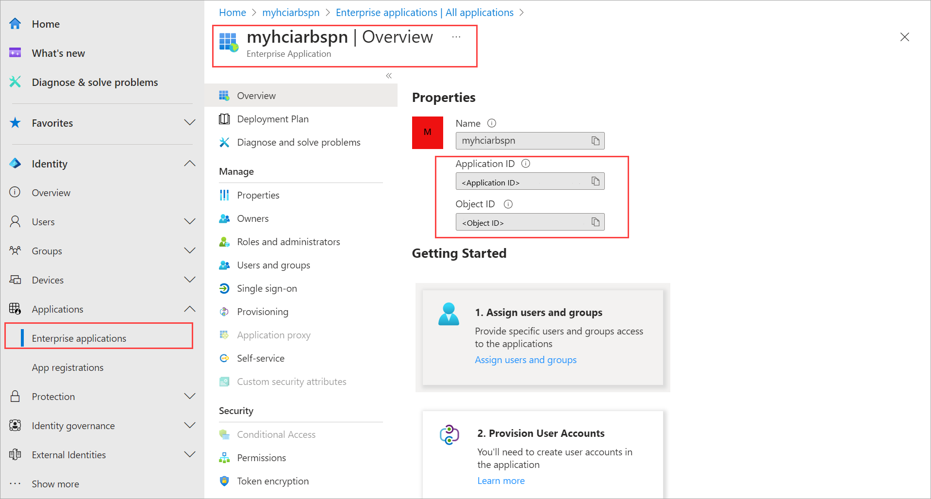 Captura de tela mostrando a ID do aplicativo (cliente) e a ID do objeto para a entidade de serviço criada.