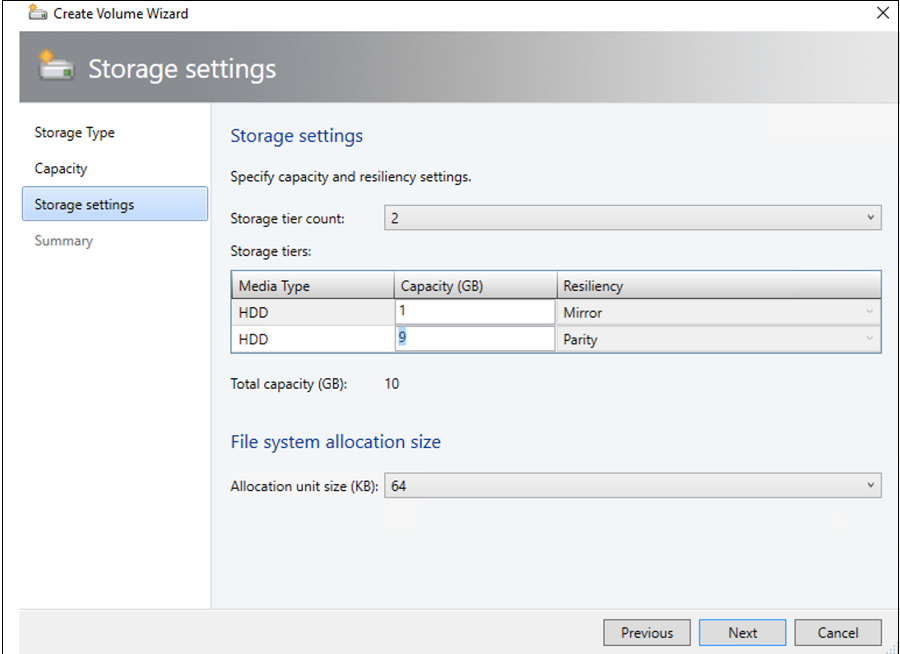 Captura de tela da definição das configurações de armazenamento.