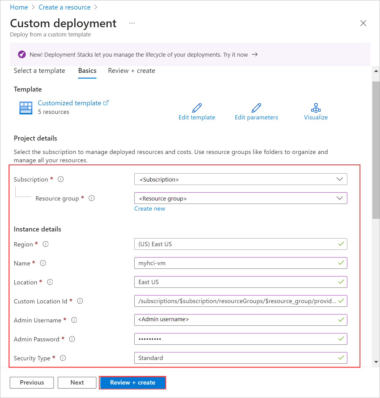 Captura de tela da guia noções básicas preenchidas para o modelo no portal do Azure.