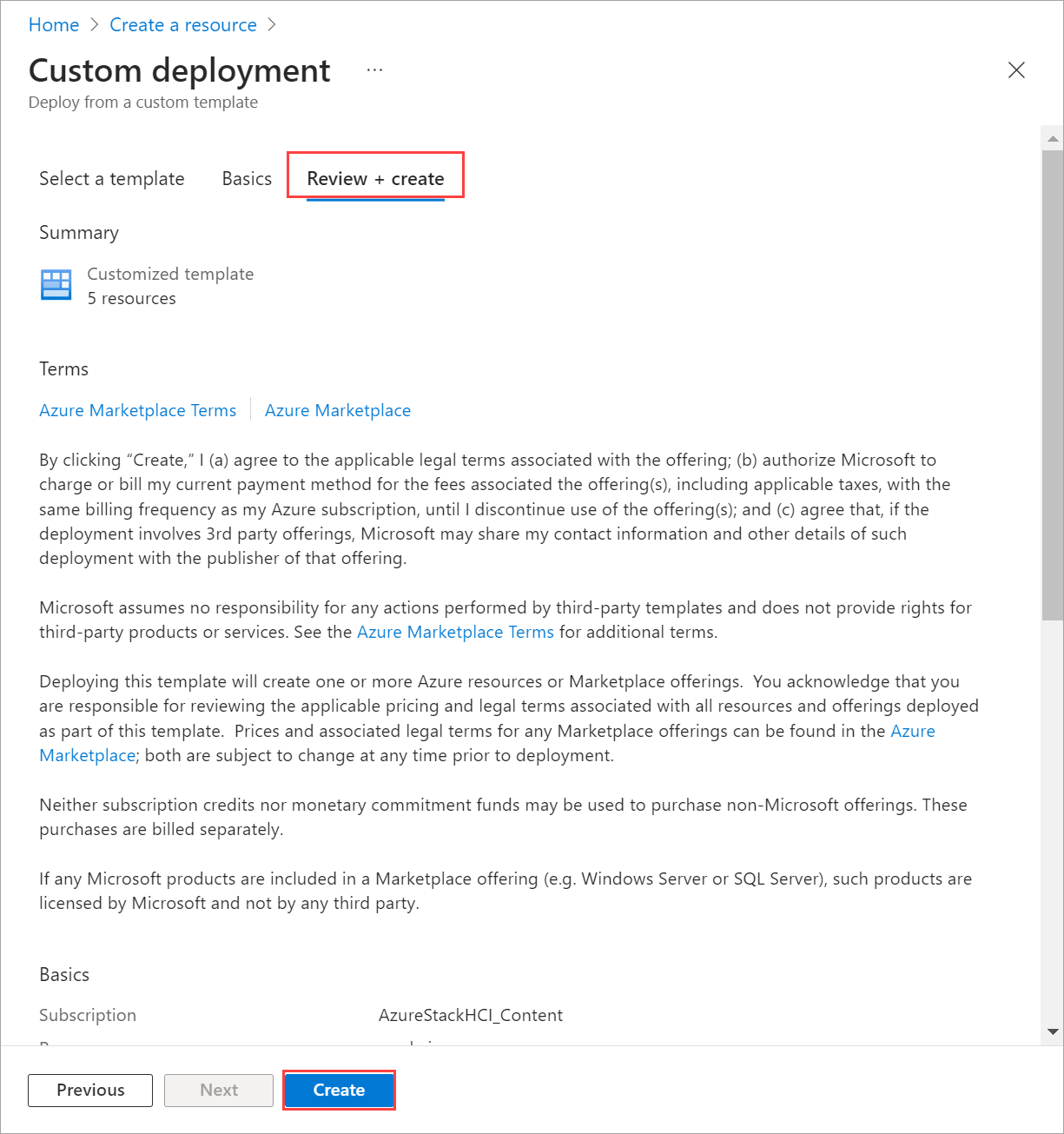 Captura de tela da guia Examinar + Criar para o modelo no portal do Azure.
