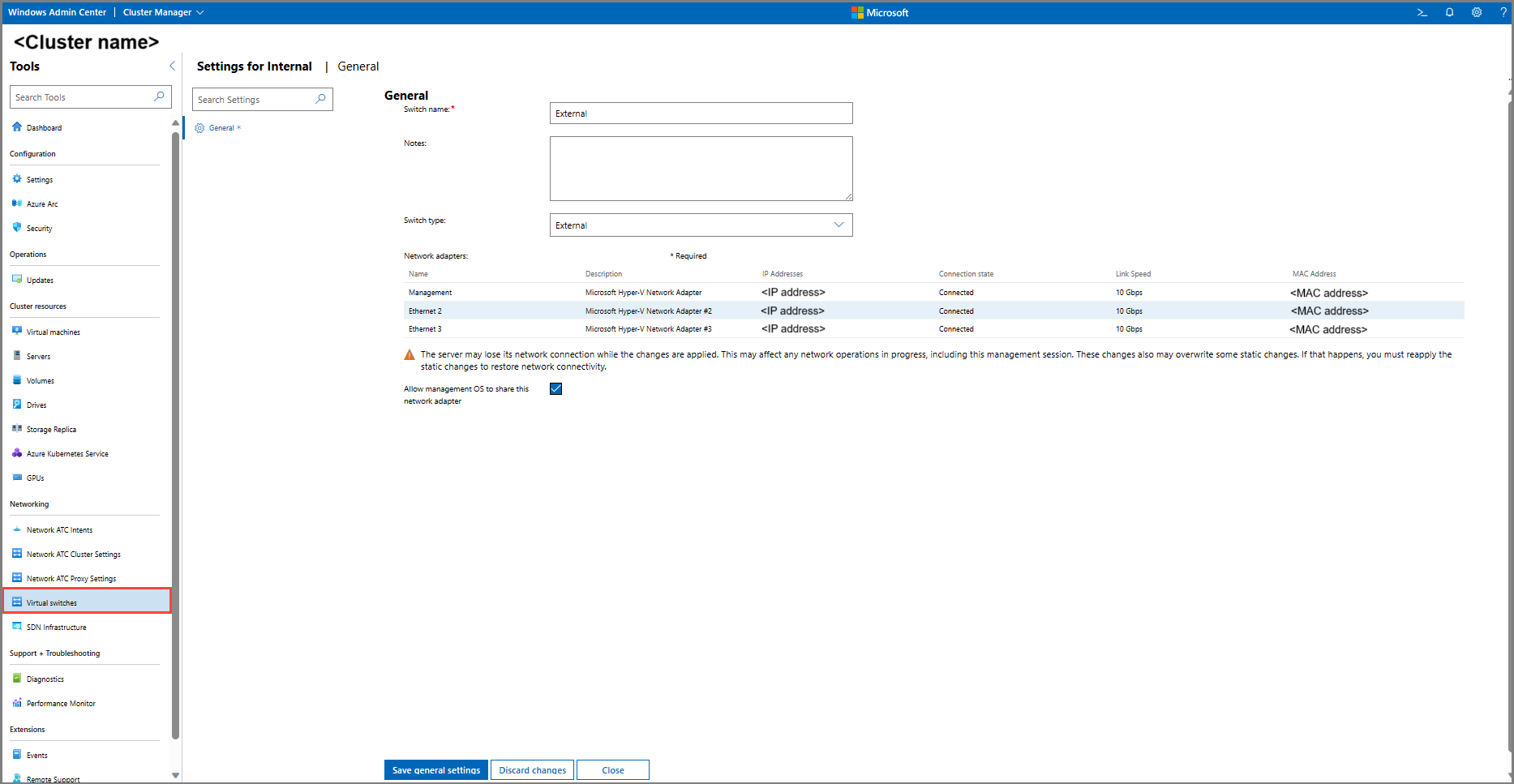 Captura de tela das configurações do switch virtual.