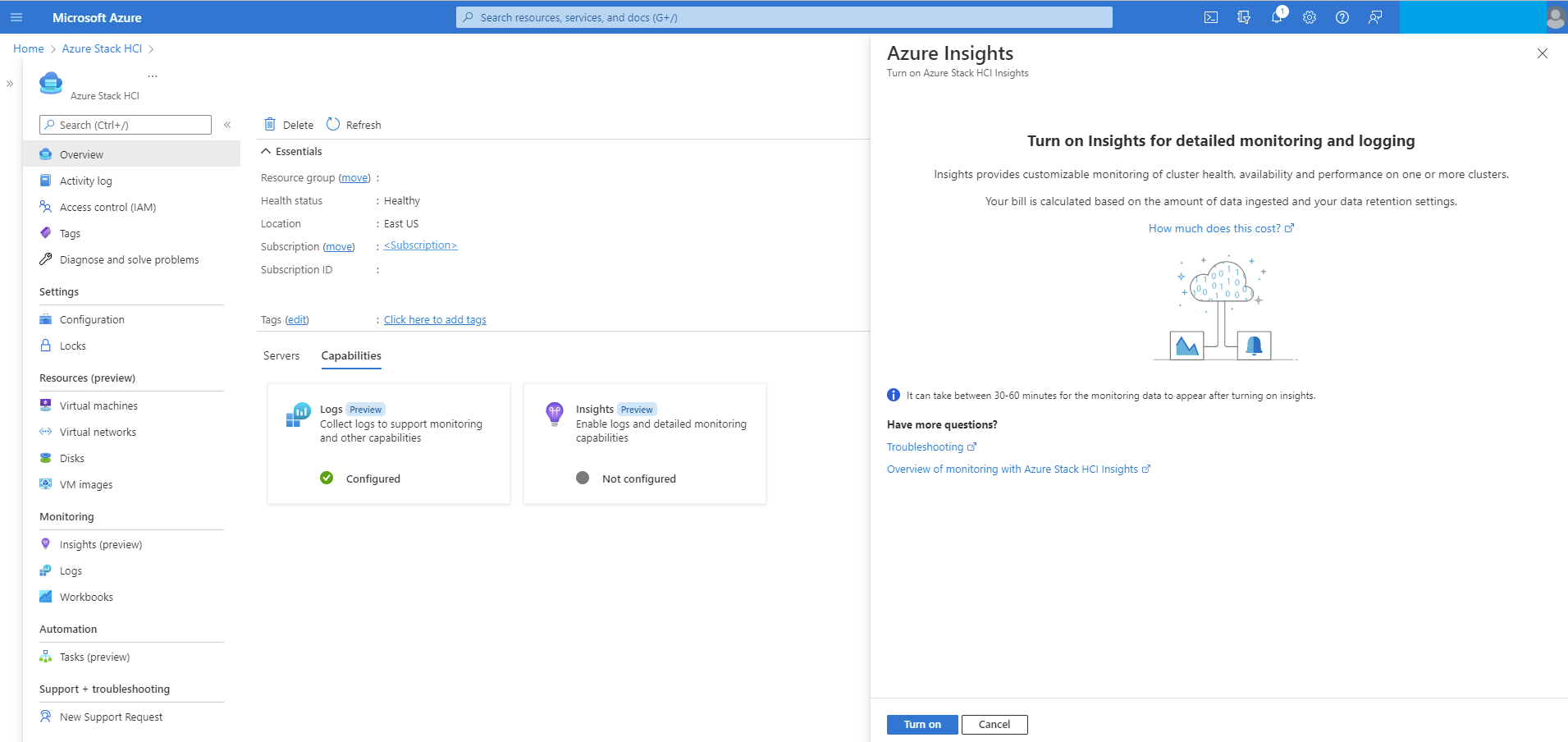 Tela do portal para habilitar o Insights