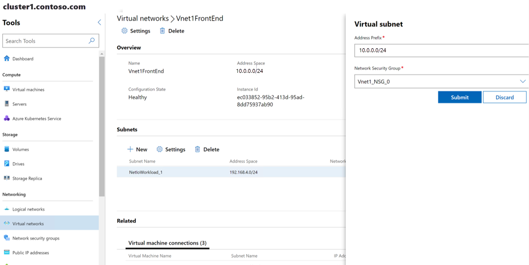 Captura de tela de Windows Admin Center mostrando o painel Sub-rede virtual.