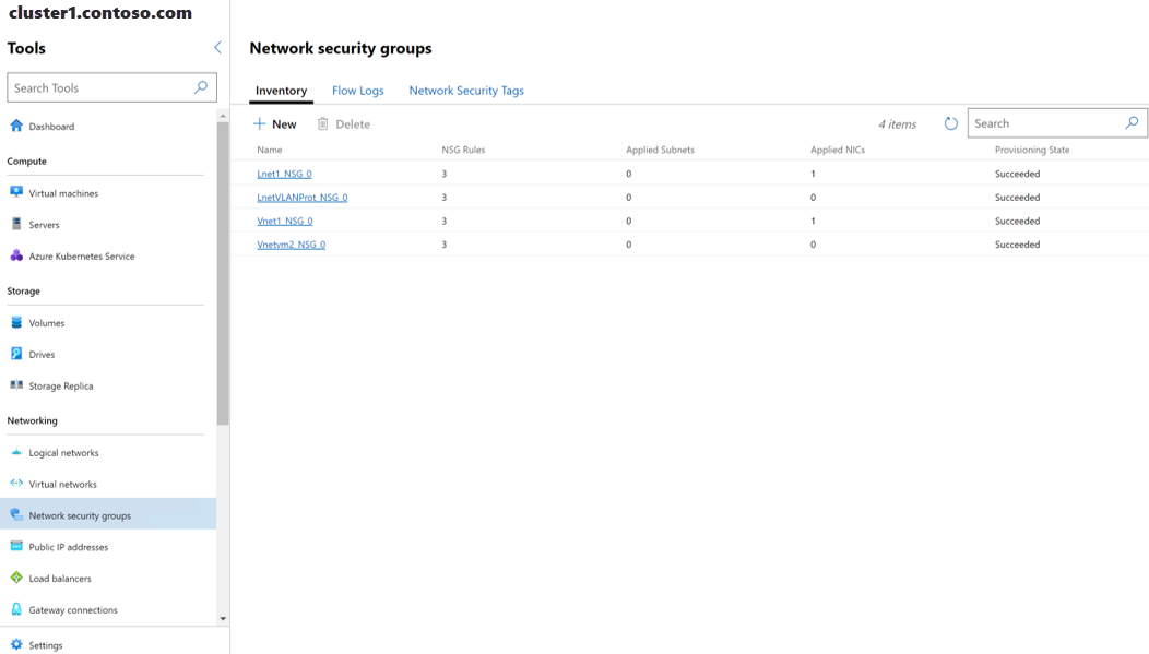 Captura de tela de Windows Admin Center mostrando uma lista de grupos de segurança de rede na guia Inventário.
