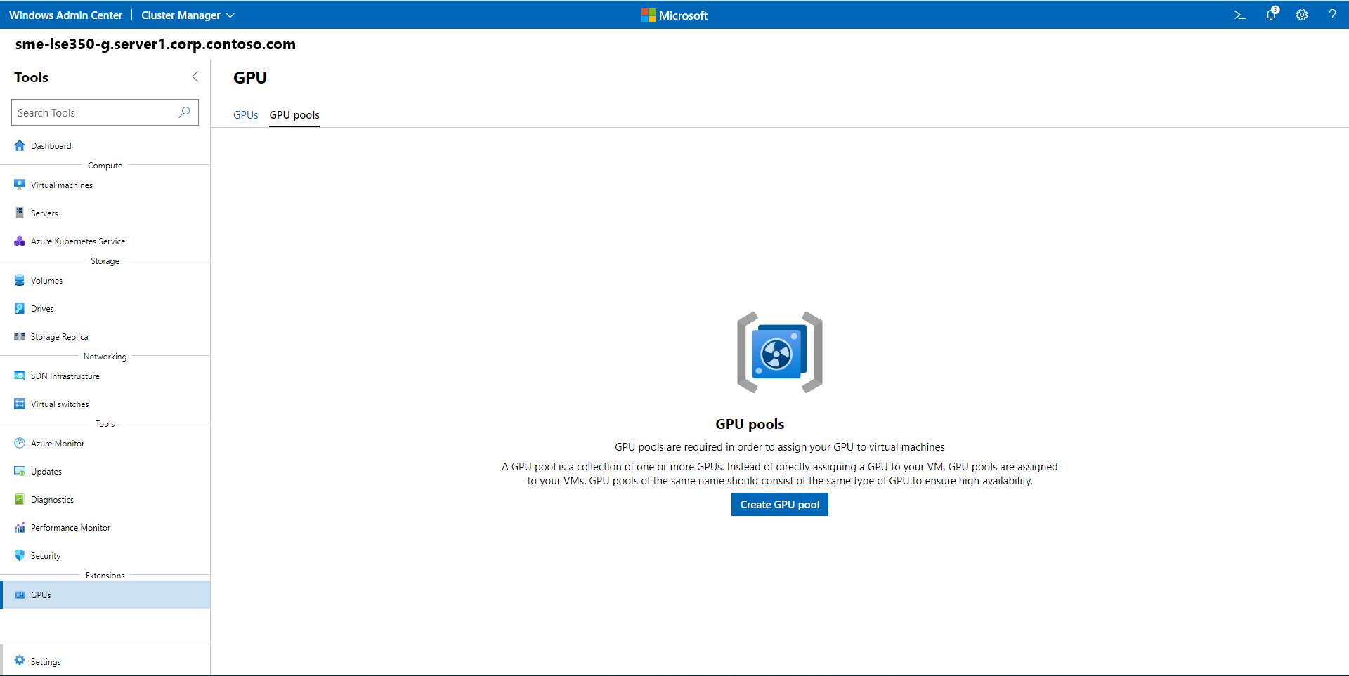 Captura de tela da página Criar pools de GPU no Windows Admin Center.