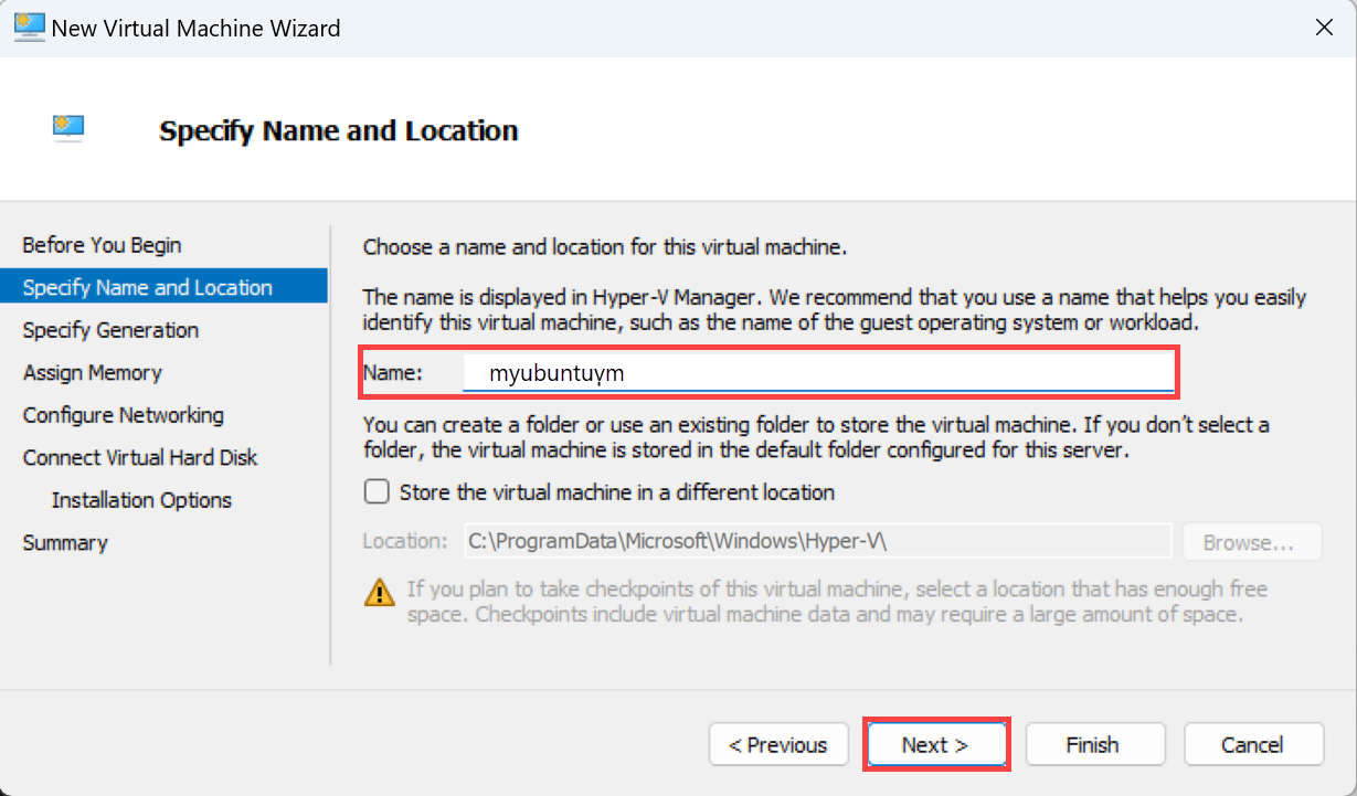 Captura de tela que mostra o Assistente para Nova Máquina Virtual na página Especificar Nome e Local.