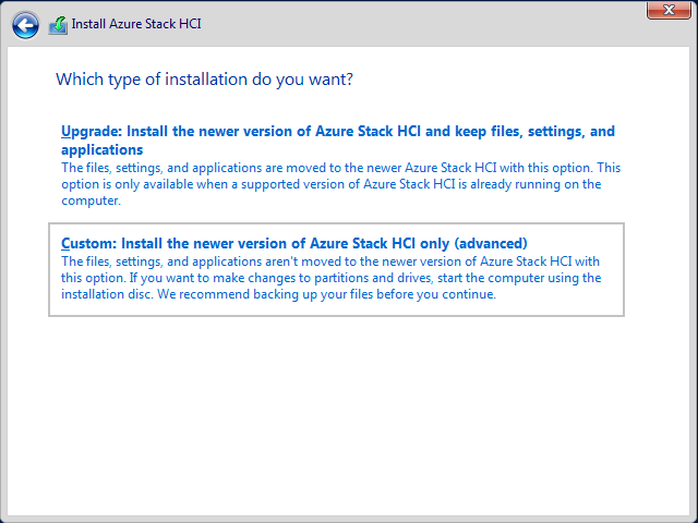 The installation type option page of the Install Azure Stack HCI wizard.