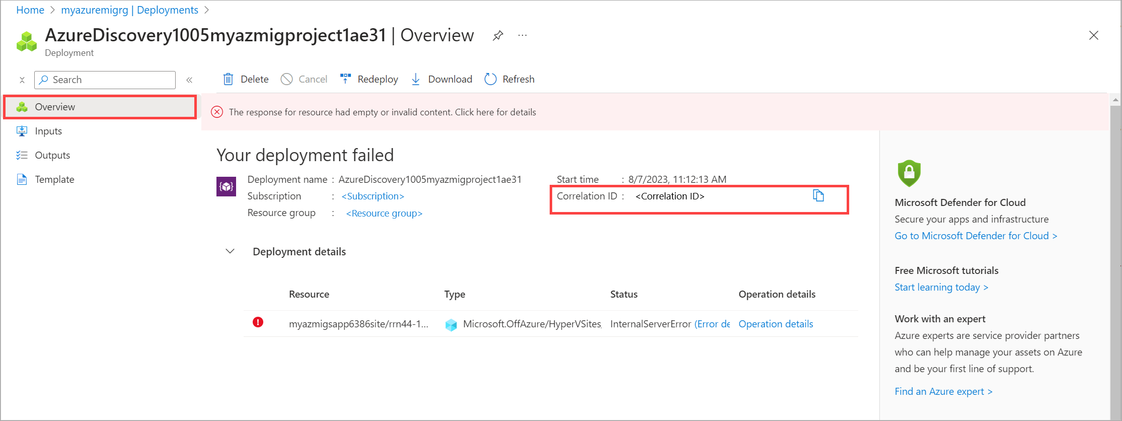 Captura de tela do grupo > de recursos do projeto de Migrações para Azure Implantações > Sua visão geral da implantação > no portal do Azure.