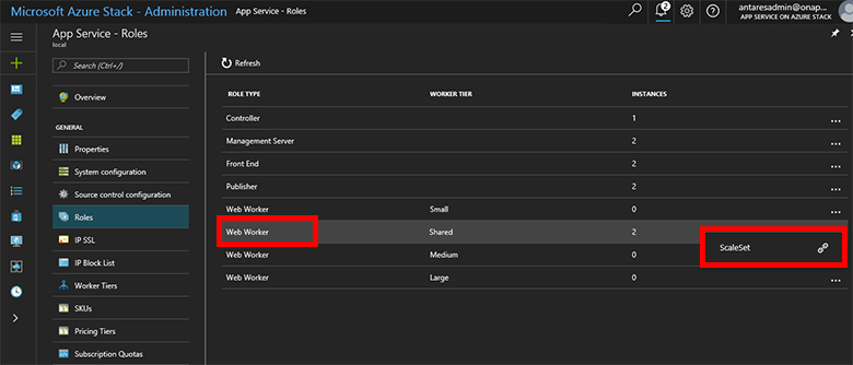 Funções de Serviço de Aplicativo do ScaleSet no portal de administrador do Azure Stack Hub