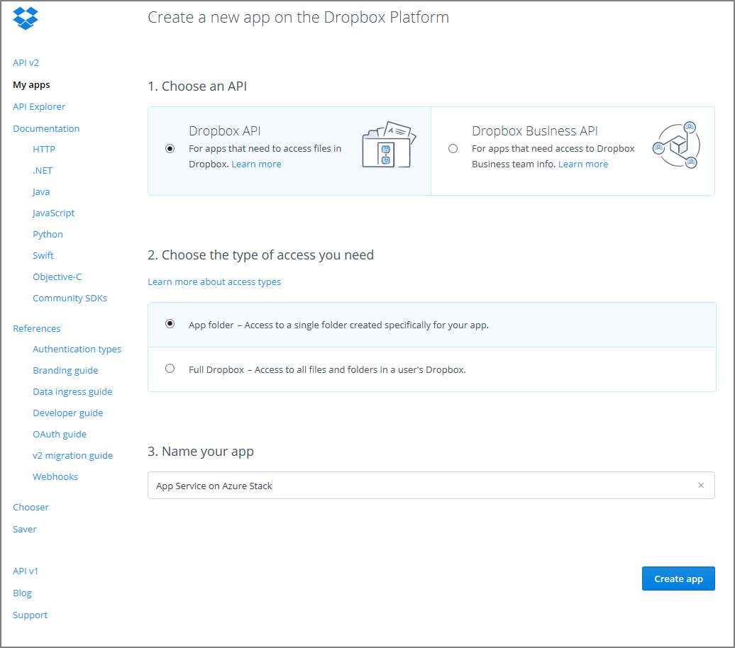 Registro de aplicativo do Dropbox