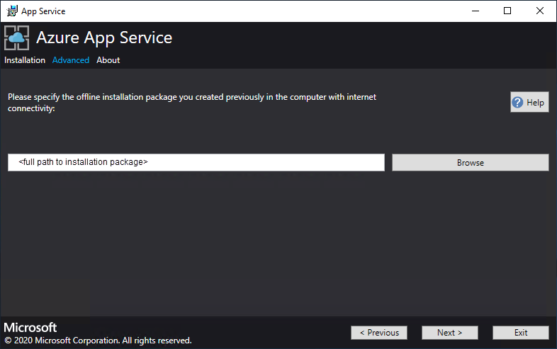 Especificar o caminho do pacote de instalação offline im Azure App Service Installer