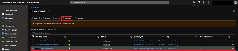 Captura de tela que mostra a seleção de Remover para um diretório.