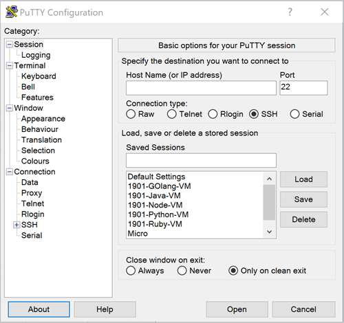 O painel Configuração do PuTTY