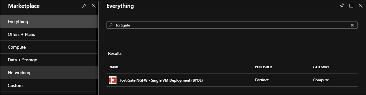 A lista de resultados da pesquisa mostra FortiGate NGFW – Implantação de VM única.