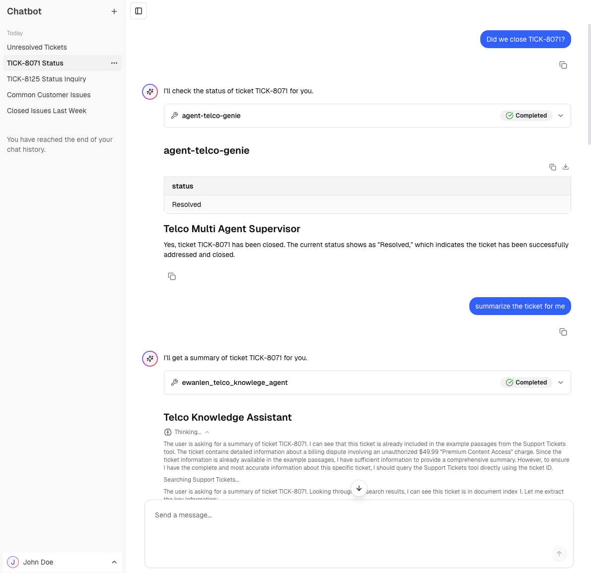 Exemplo de interface do usuário de chat para conversar com agentes implantados.