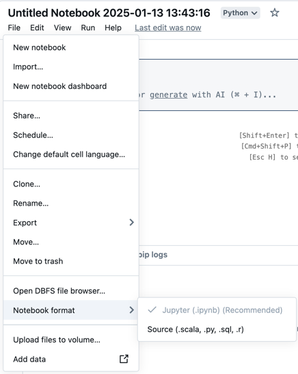 O menu de arquivo da área de trabalho, expandido, mostrando a opção de formato de notebook.