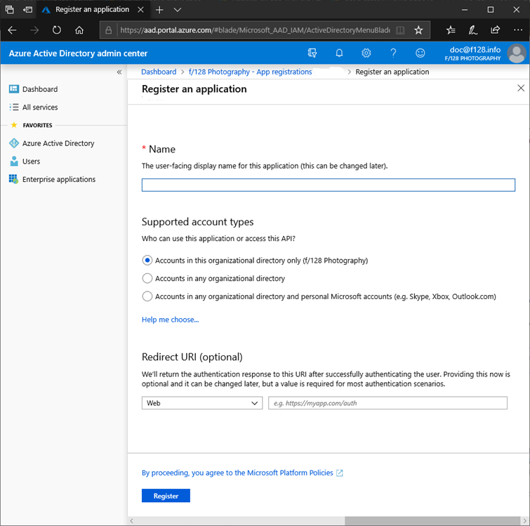 Criar um novo registro de aplicativo no centro de administração do Microsoft Entra