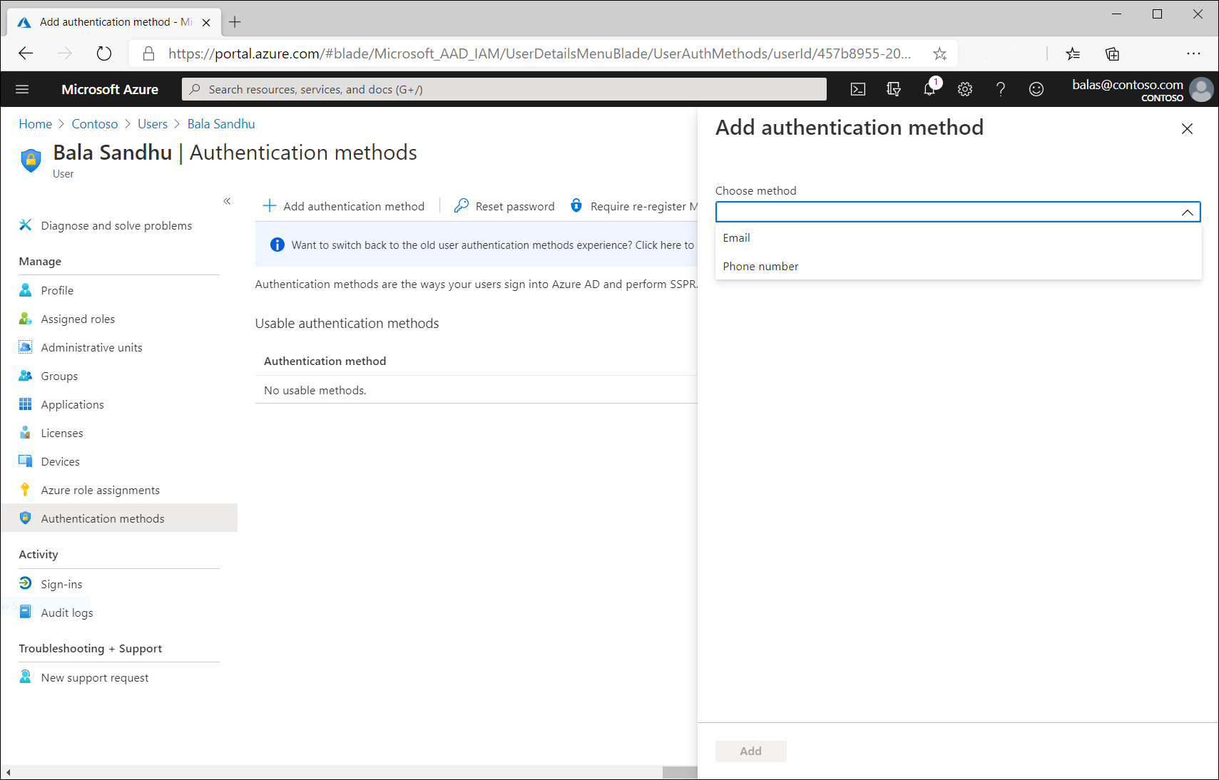 Captura de tela de adicionar métodos de autenticação do centro de administração do Microsoft Entra.