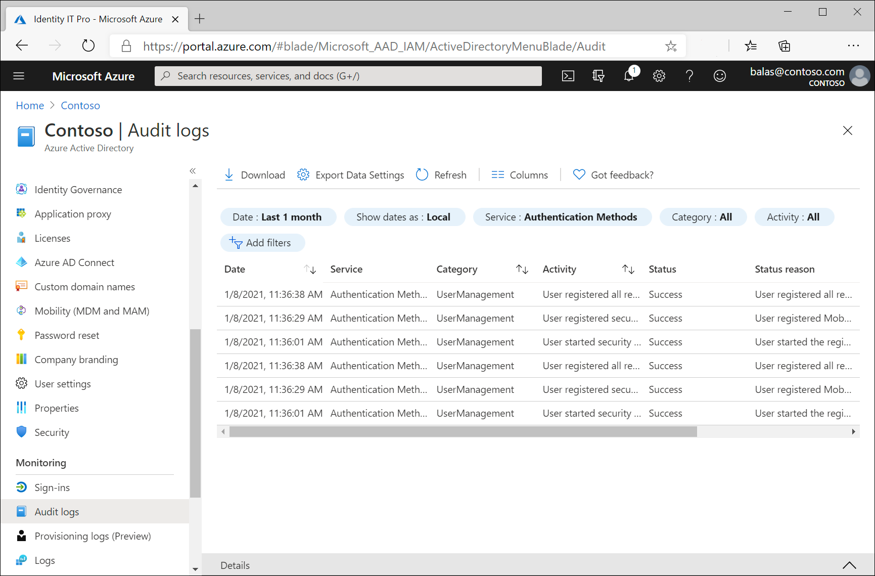 Interface de logs de auditoria do Microsoft Entra mostrando os eventos de registro