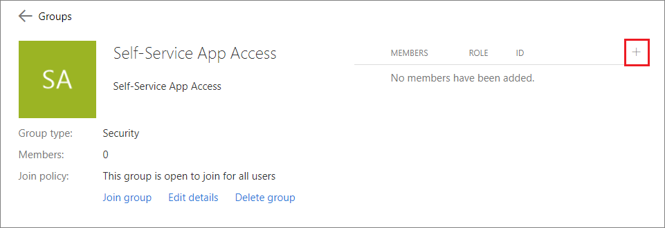 Captura de tela mostrando o símbolo de adição para adicionar membros ao grupo.