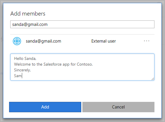 Captura de tela mostrando a janela “Adicionar membros” para adicionar um convidado.