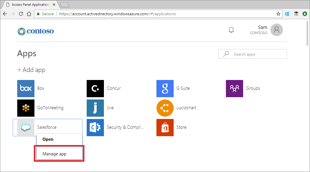 Captura de tela mostrando o submenu “Gerenciar aplicativo” do aplicativo Salesforce.