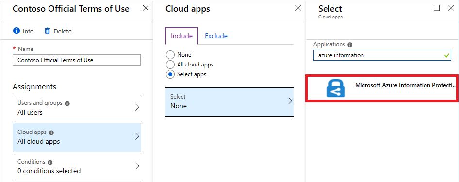 Painel de aplicativos de nuvem com o aplicativo Proteção de Informações do Microsoft Azure selecionado