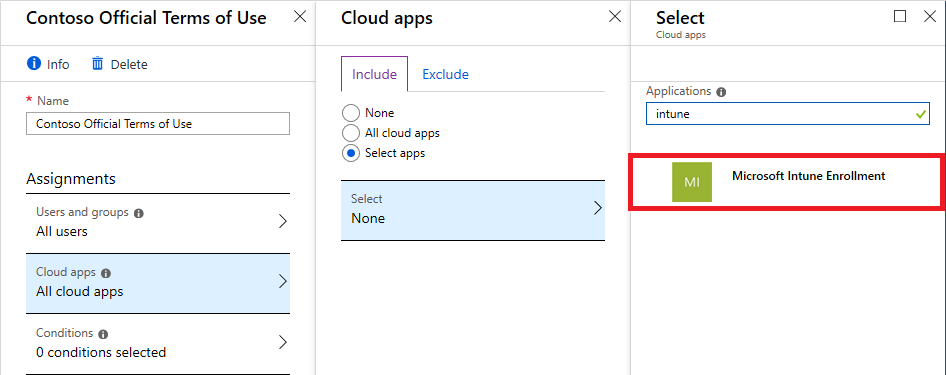 Painel de aplicativos de nuvem com o aplicativo Microsoft Intune selecionado