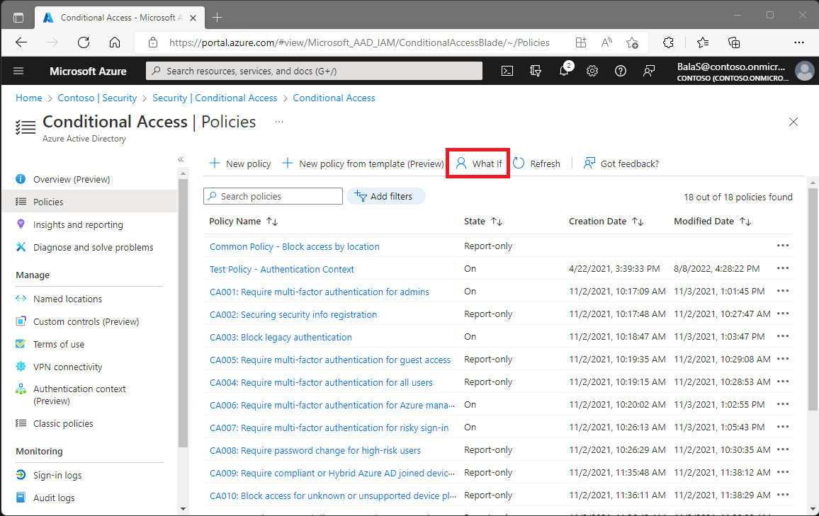 Captura de tela da página Acesso Condicional – Políticas no portal do Azure. Na barra de ferramentas, o item What If é realçado.
