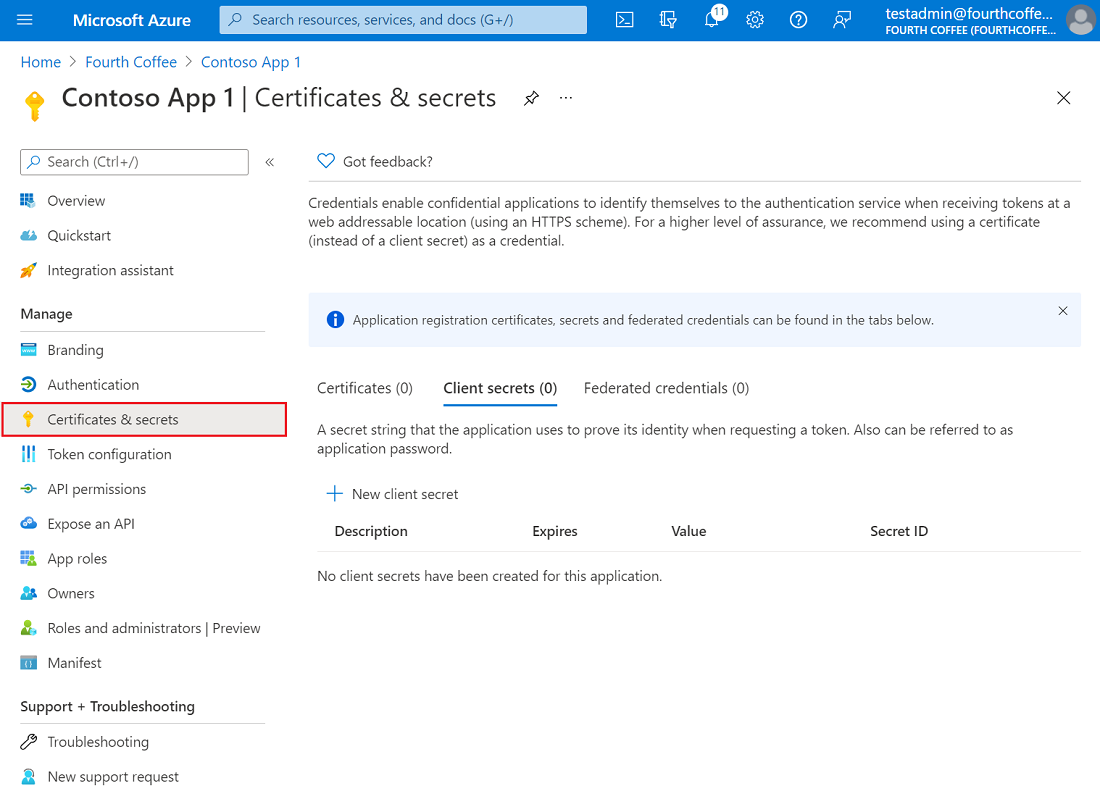 Captura de tela do portal do Azure mostrando o painel Certificados e segredos em um registro de aplicativo.