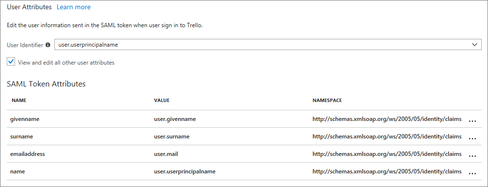 Shows the SAML token attributes in the UI