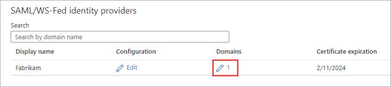 Captura de tela que mostra o link para adicionar domínios ao provedor de identidade de SAML/WS-Fed.