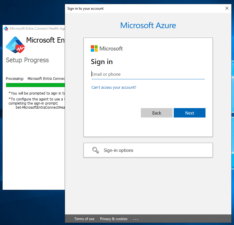 Captura de tela que mostra a janela de entrada do AD DS do Microsoft Entra Connect Health.