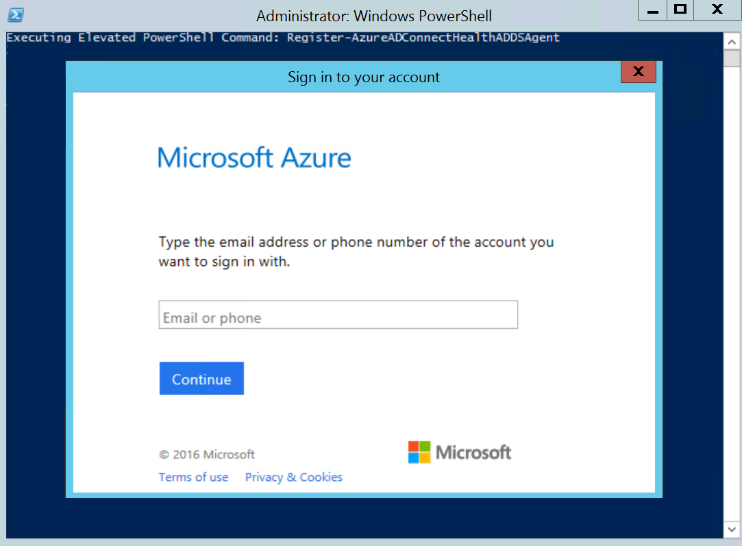 Captura de tela mostrando a janela de entrada para o agente do Microsoft Entra Connect Health para AD Domain Services.