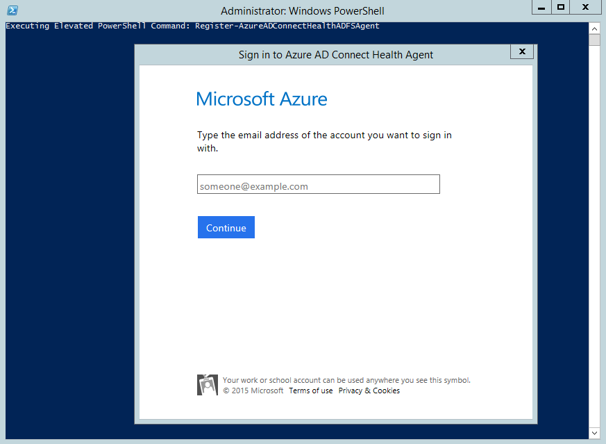 Captura de tela que mostra a janela de entrada do AD FS do Microsoft Entra Connect Health.