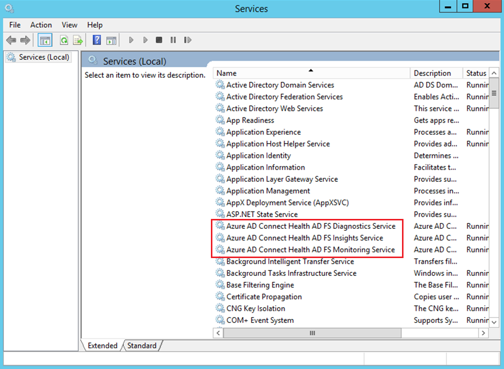 Captura de tela que mostra os serviços do Microsoft Entra Connect Health para sincronização em execução no servidor.