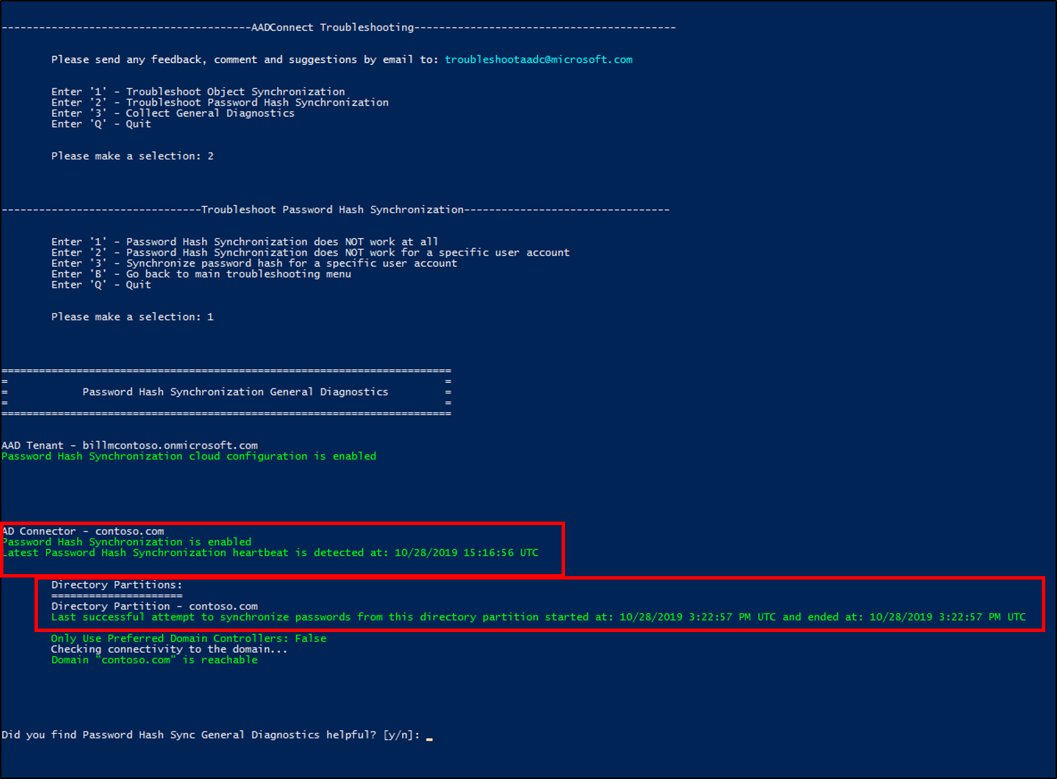 Captura de tela do log de solução de problemas do Microsoft Entra Connect
