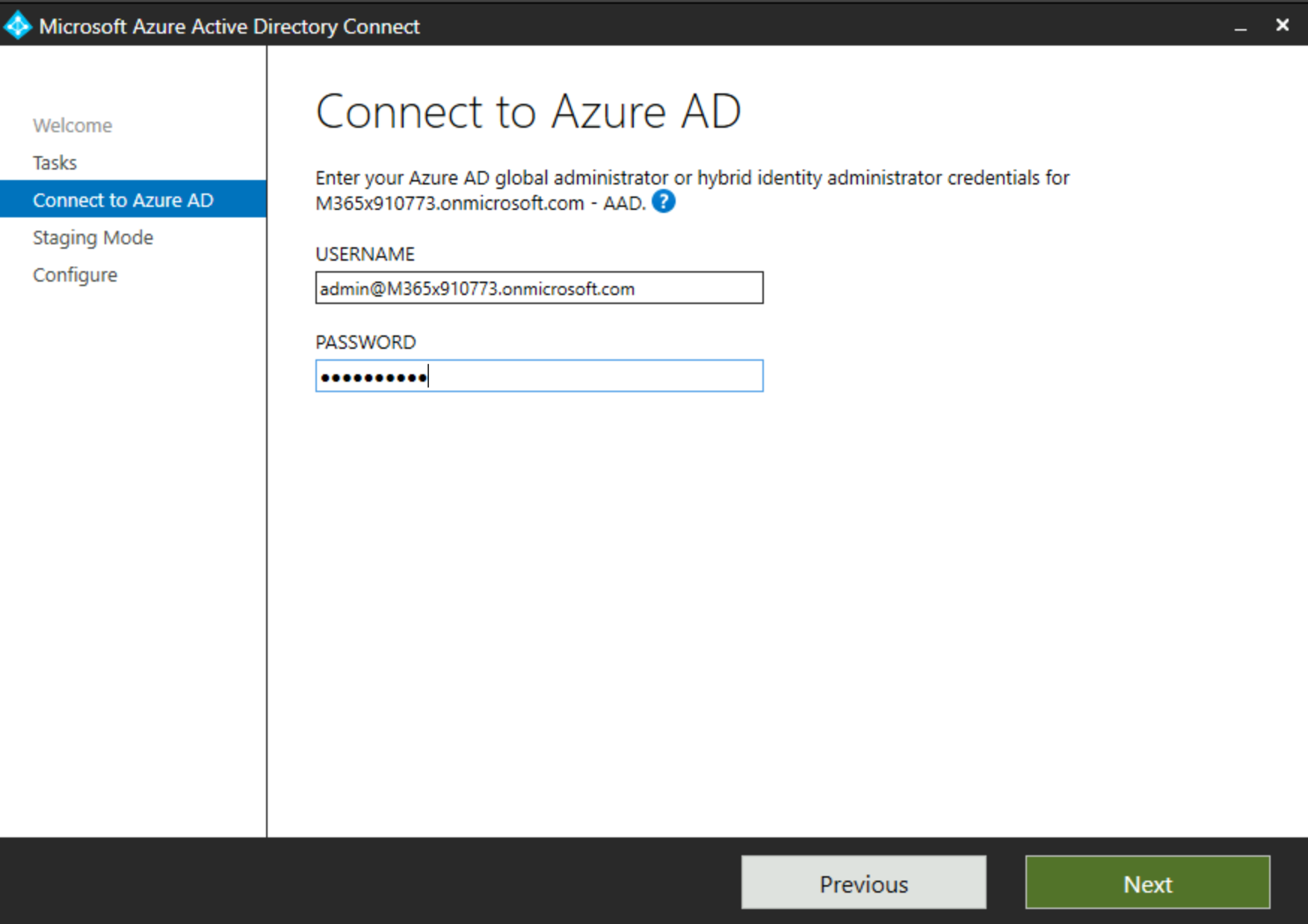 Captura de tela mostra o prompt de entrada na caixa de diálogo do Microsoft Entra Connect Ativo.