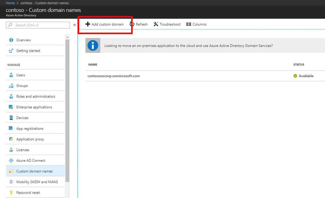 Captura de tela que mostra o botão Adicionar domínio personalizado realçado.