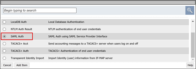 Captura de tela da opção de autenticação SAML.