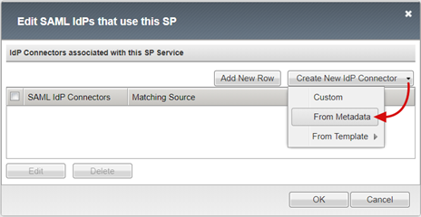 Screenshot of the From Metadata option in the Create New IdP Connection drop-down menu.