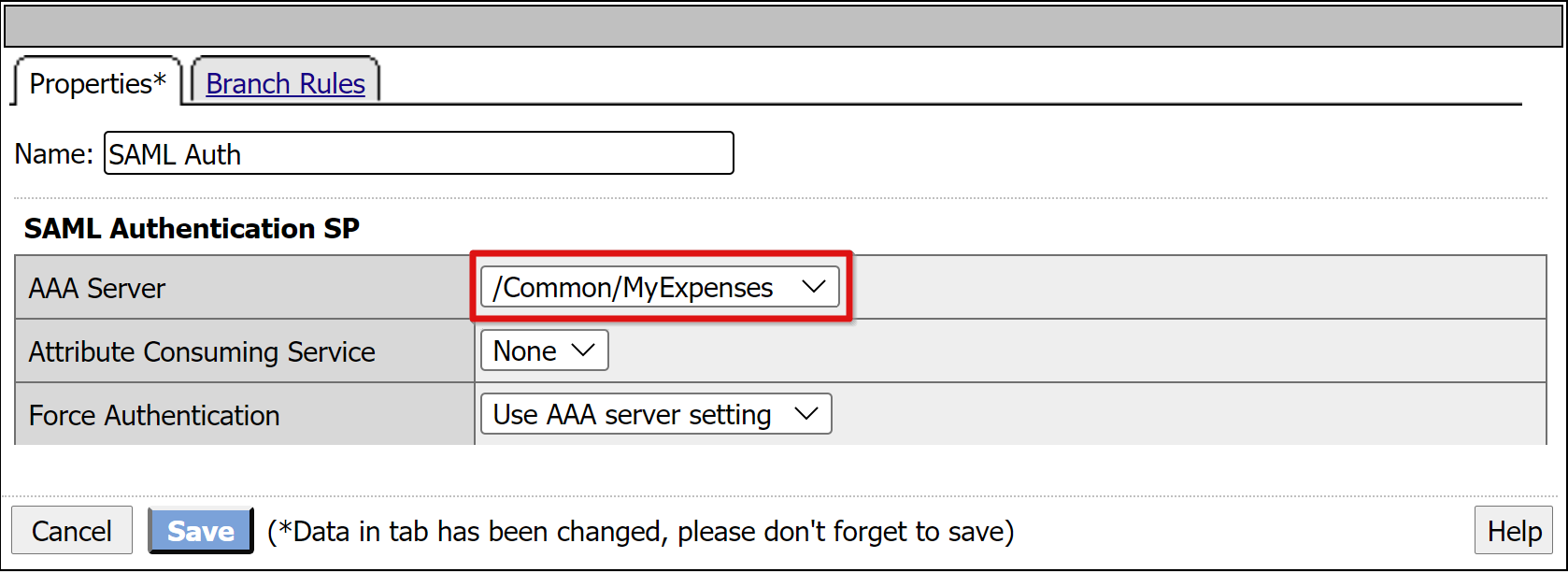 Captura de tela da entrada de servidor AAA na guia Propriedades.