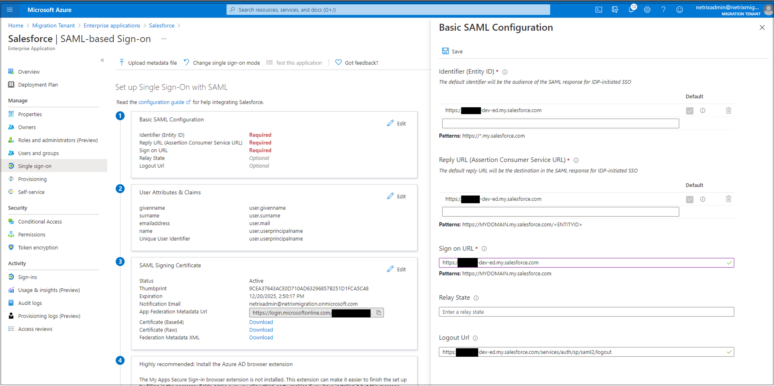 Captura de tela das entradas para logon baseado em SAML e Configuração Básica do SAML.