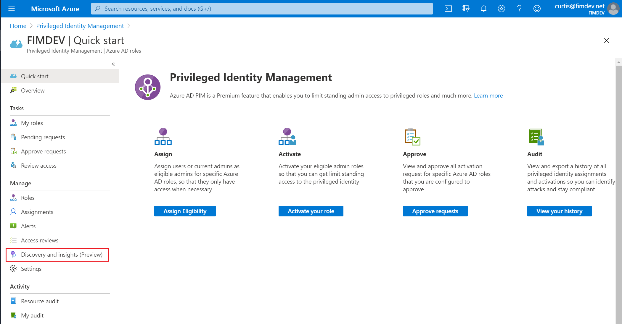 Captura de tela mostrando a página Descoberta e informações das funções do Microsoft Entra.