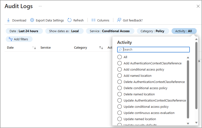 Captura de tela do filtro de logs de auditoria com Acesso condicional como serviço.
