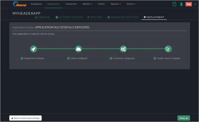 Captura de tela da guia Implantação do console Akamai EAA mostrando a mensagem de status do aplicativo: