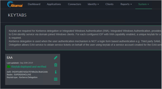 Captura de tela com a tela KEYTABS do console do Akamai EAA listando a Keytab do EAA como