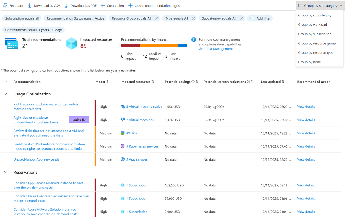 Captura de tela das recomendações de custo agrupadas por subcategoria no Assistente do Azure.