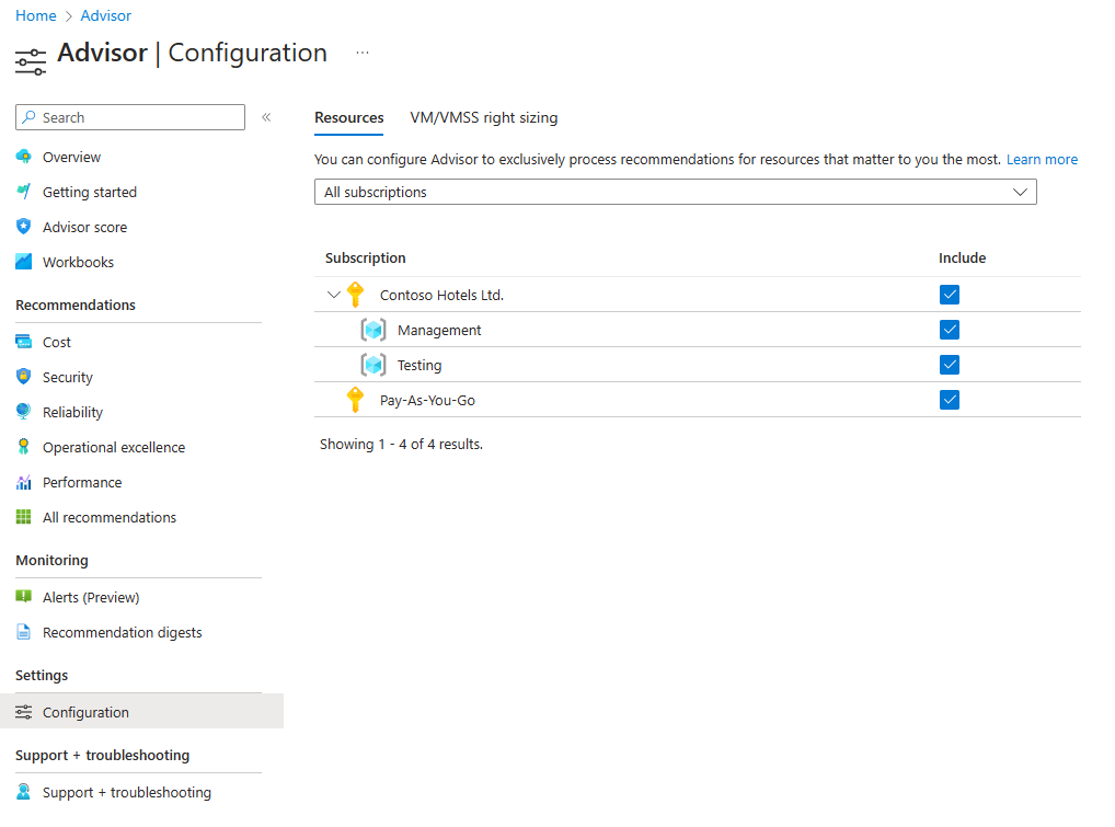 Captura de tela mostrando o título Recursos no painel Configuração no Azure Advisor.